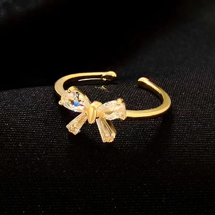 Wholesale Vintage Metal Bow Ring Micro-Inlaid Pink Zirconia Open Ring
